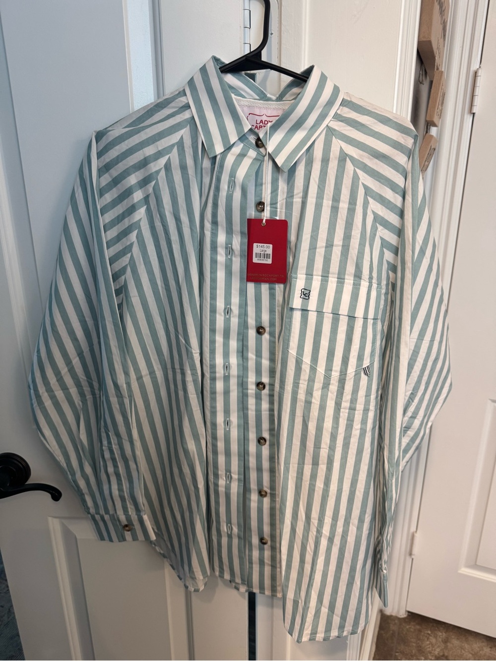 Lady Captain Striped Button-Down Shirt in Green and White - Casual Classic